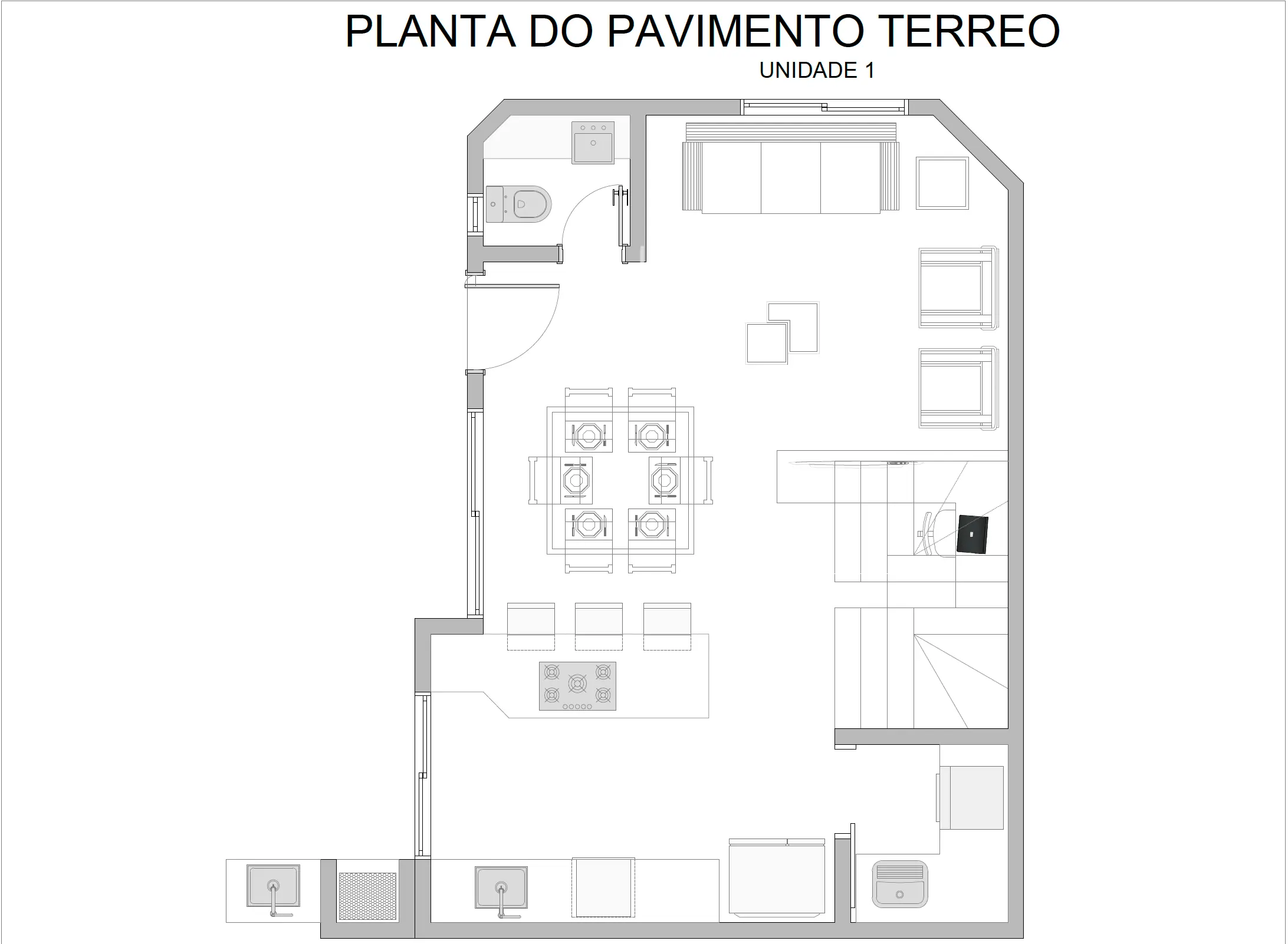 Planta do pavimento térreo da unidade 1, com 102 m²